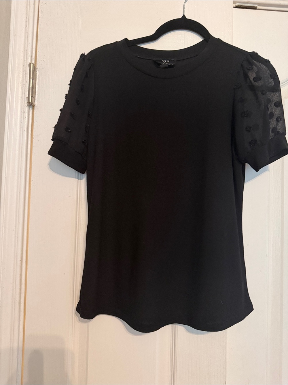 Women’s Black Short Sleeve Blouse with Sheer Embellished Sleeves